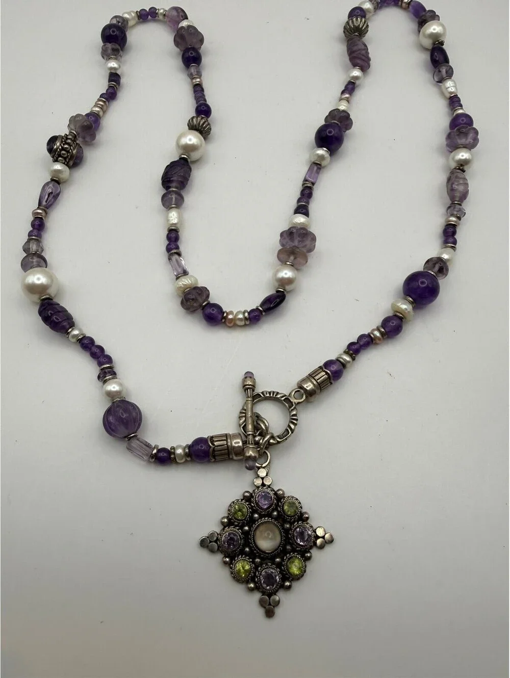 925 Sterling Silver Amethyst Pearl Peridot Gemstone Beaded Pendant Necklace